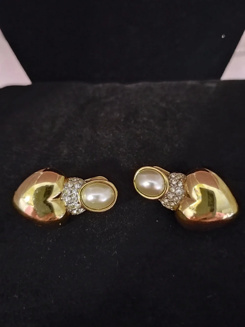 Gold-Tone Heart Drop Earrings Clipon with Pearl and Crystal Accents